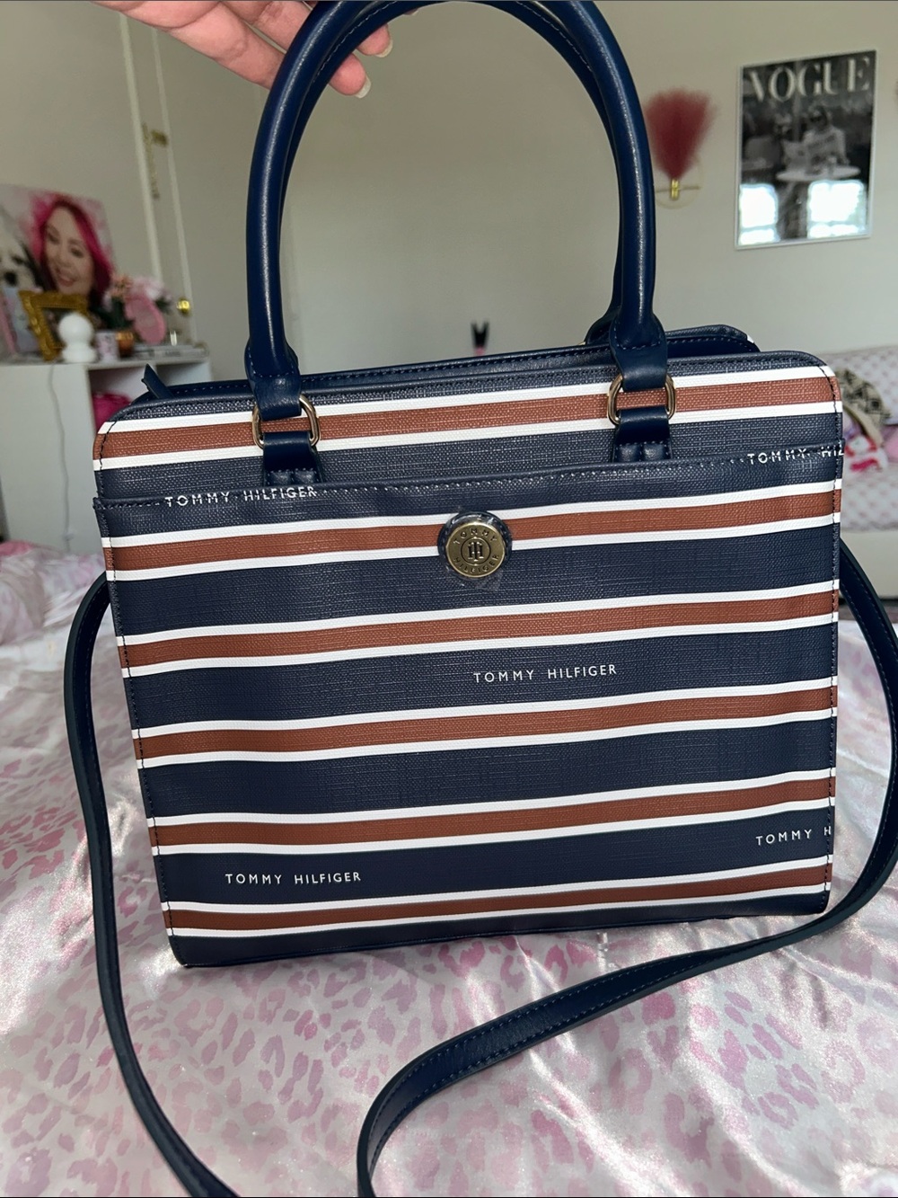 Tommy Hilfiger Navy, Brown & White Striped Satchel
